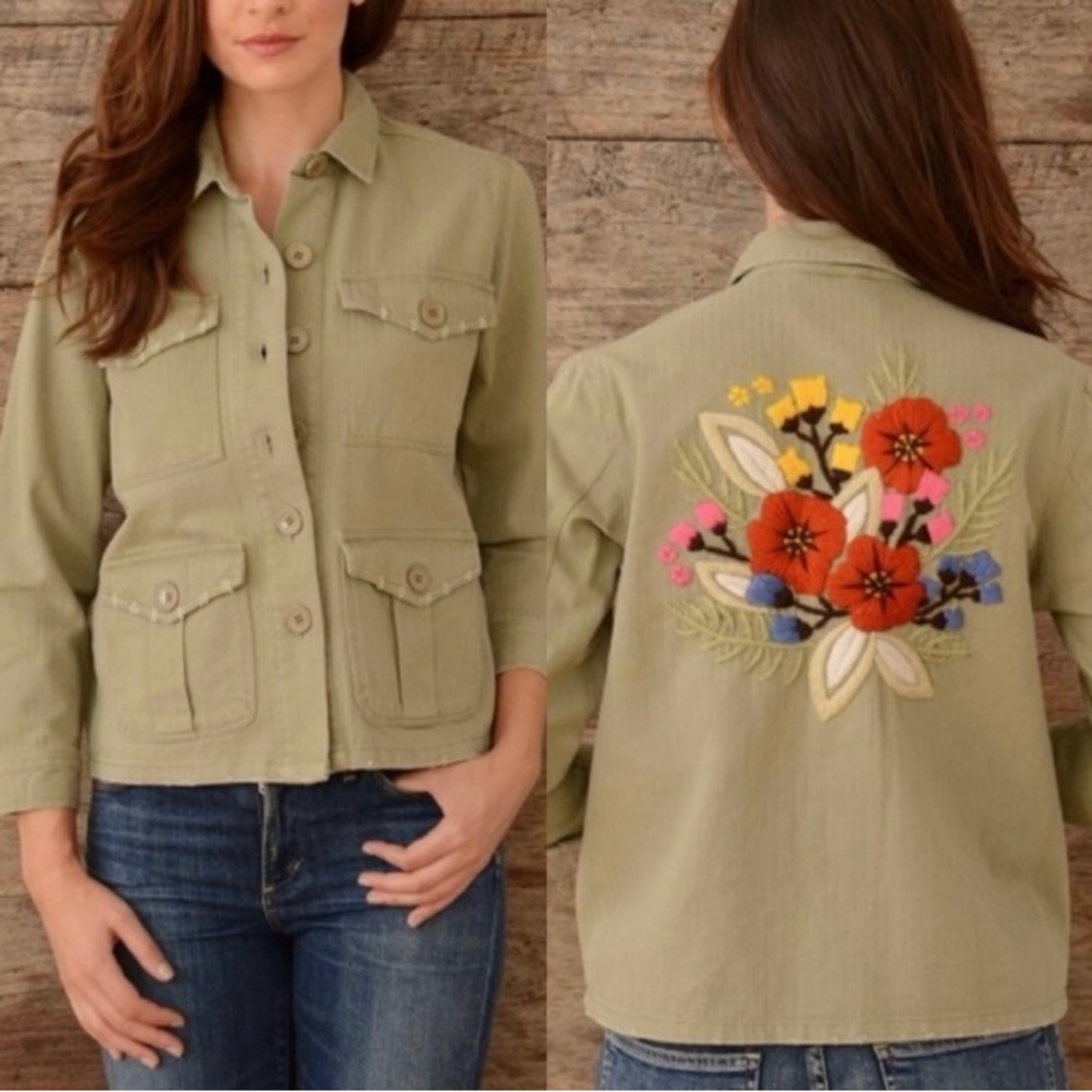 Paparazzi Light Olive/Tan Utility Jacket Floral Design